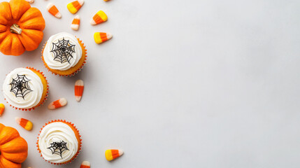 Halloween cupcakes with spider decorations for festive celebration and party design