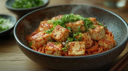 Fototapeta premium Spicy Tofu Noodles, Steaming Hot, Wooden Table, Garnish