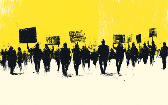 Minimalist illustration of a protest march with silhouetted figures holding placards, activism, social movement, political demonstration, public rally, abstract street artwork