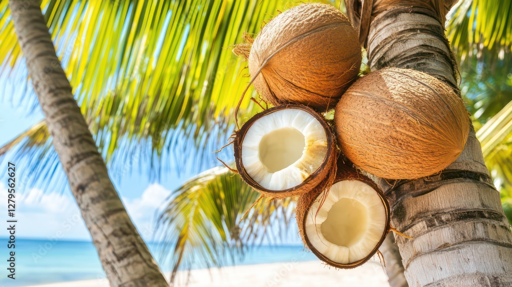 Poster coconuts on palm trees at a sandy beach created with generative ai