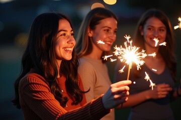 A joyful young woman of Hispanic descent smiles while holding a sparkler, surrounded by two friends at a festive outdoor gathering in the evening.