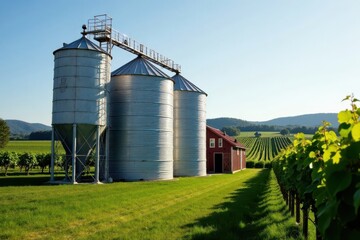 Silos in a vineyard farm with stainless steel fermentation vats, winery, fermentation