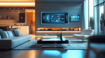 Smart home control panel, futuristic living room, city view