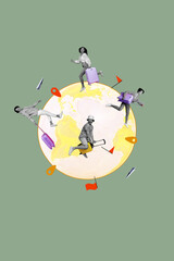 Composite artwork 3D photo collage trend of young lady walk man sit bag fly world vacation tourism travel destination abroad global agency