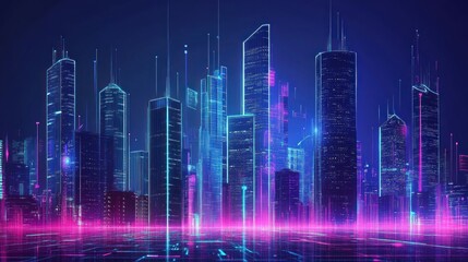 Fototapeta premium Neon futuristic cityscape, glowing skyline, digital art, night, technology