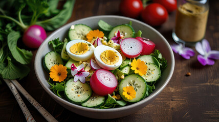 Bowl of vegetarian salad with boiled eggs- radishes- cucumbers- corn salad and edible flowers