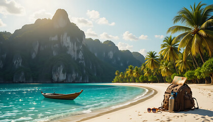 Naklejka premium Breathtaking Tropical Beach with Wooden Boat Scenic, Beach with Turquoise Water and White Sand