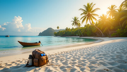 Breathtaking Tropical Beach with Wooden Boat Scenic, Beach with Turquoise Water and White Sand