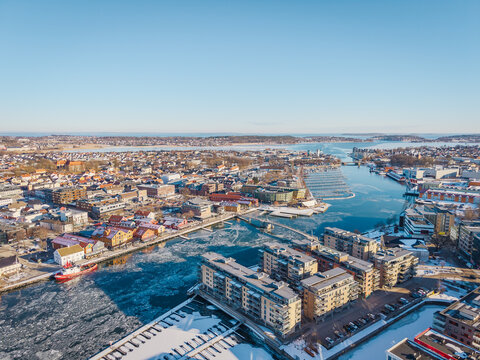 Aerial Winter View of T&oslash;nsberg, Norway &ndash; Frozen Harbor and Coastal Cityscape