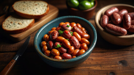 Obraz premium Chilean beans with rustic sausage on a typical chilean table