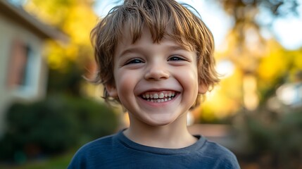 Happy Boy Laughing Outdoors with Golden Autumn Light and Charming Smile