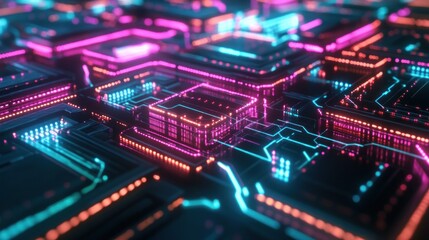Obraz premium Neon Circuit Board Glow, Digital Data Flow, Abstract Technology Background, Future Tech Design