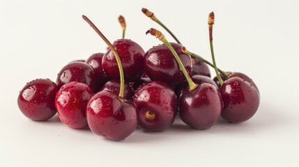 A cluster of ripe and juicy cherries with their deep red color, isolated on a pristine white background