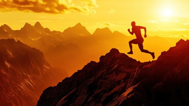 Silhouette of Runner on Mountain Peak Against Vibrant Sunset Sky