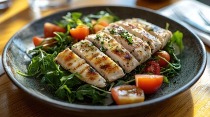 Grilled chicken salad delight gourmet restaurant food photography bright setting close-up culinary experience