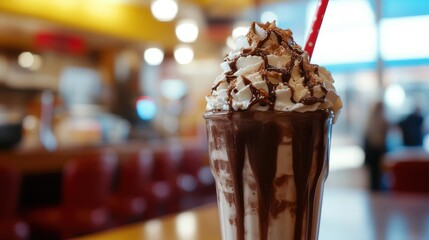 Indulging in decadent chocolate milkshake diner setting food photography cozy atmosphere close-up shot dessert delight