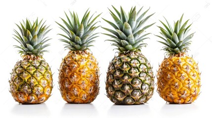 Fototapeta premium A group of juicy pineapples with their spiky crowns and golden flesh, isolated on a pristine white background