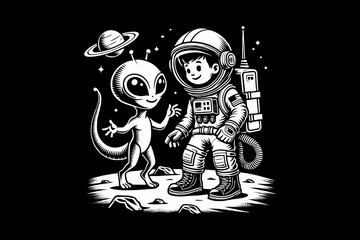 Astronaut kid in Space Suit with cartoon Black and White graphic design Illustration