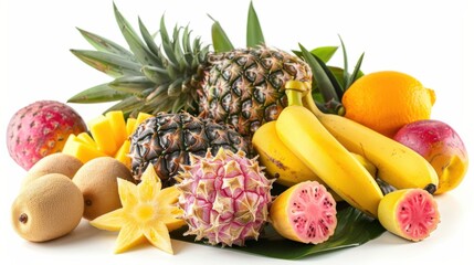 A selection of tropical fruits including pineapples, dragon fruits, and guavas, isolated on a clean white background