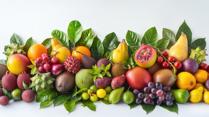 A selection of tropical fruits including pineapples, dragon fruits, and guavas, isolated on a clean white background