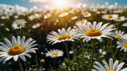 Field Of Daisies With Sunlight And Floating Petals Under A Blue Sky Clouds Background