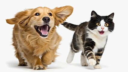 Obraz premium Cat and Dog Running and Playing Together, Showcasing Their Joyful Friendship on a White Background