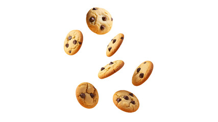Obraz premium Chocolate Chip Cookies Falling Mid-Air, Perfectly Positioned with a Transparent Background for Creative Designs