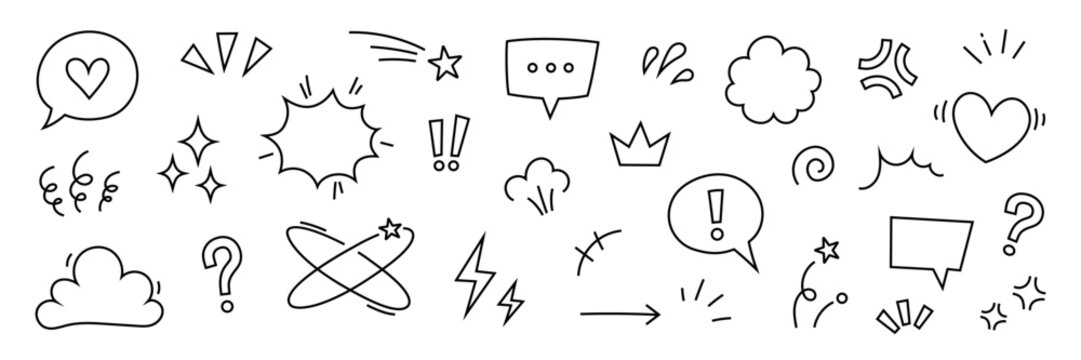 Comic cute speech bubble cartoon element icon set. Comic cute speech bubble, emphasis, star spark, line movement cartoon vector icon. Outline doodle speed motion, funny spark. Vector illustration