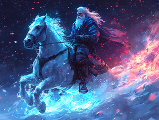Obraz premium Epic Winter Adventure: The Enchanted Horseman of Ice and Fire