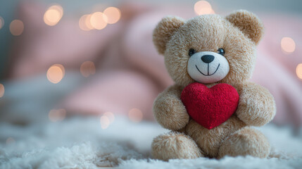Tiny teddy bear holding a red heart, soft pink and white background with blurred fairy lights, warm and dreamy lighting, close-up shot highlighting delicate features, romantic setting, Valentine's Day