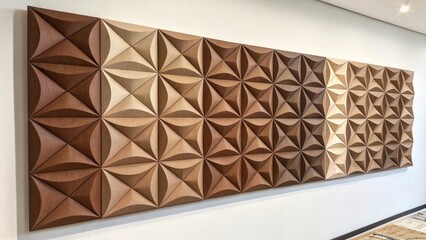 Long decorative 3D wall panel featuring a geometric flower pattern with varied wood tones, mounted on a white wall