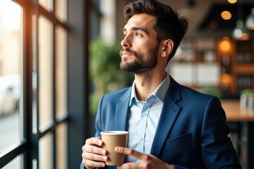 Pensive Hispanic Male Professional in Smart Attire Contemplating Life with Coffee While Gazing Out a Cozy Cafe Window During Golden Hour
