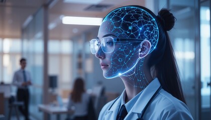 A healthcare professional is deep in thought, surrounded by images of neural networks and tech advancements. The setting is an innovative medical facility bustling with research
