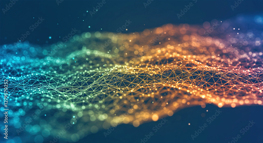 Poster abstract digital background. space filled with polygons and dots. 3d wave.