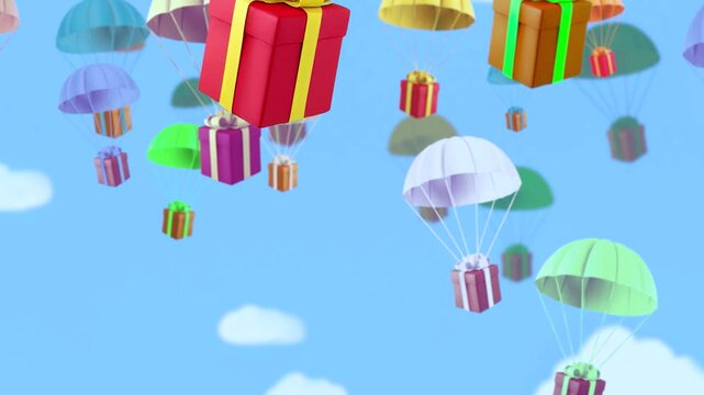 Animation of gifts falling on parachutes