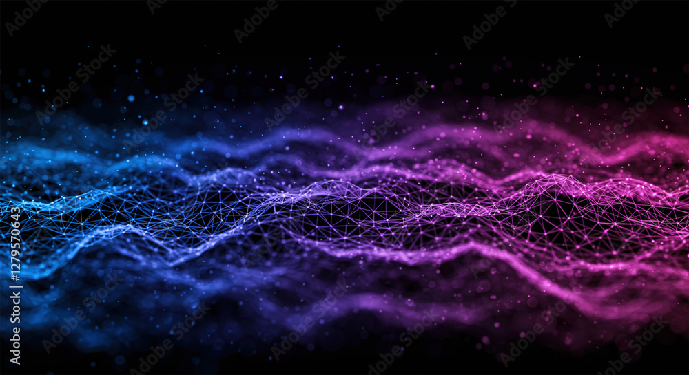 Poster abstract digital background. space filled with polygons and dots. 3d wave.