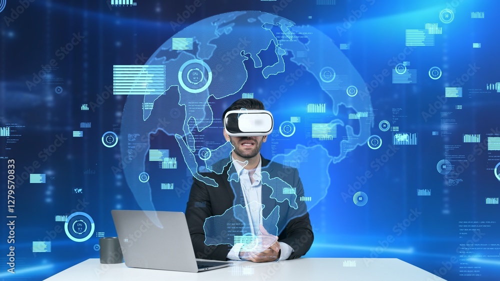 Poster project manager wearing vr glasses and present idea while looking at global communication hologram f