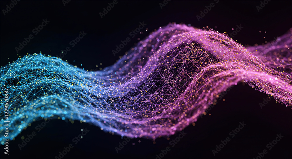 Poster abstract digital background. space filled with polygons and dots. 3d wave.