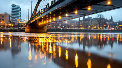 Obraz premium Cityscape in Rain with a River Reflection