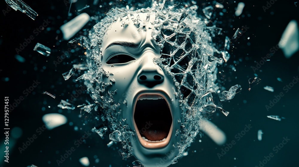 Aufkleber white screaming face exploding with shattered glass shards depicting concepts of stress, burnout, me