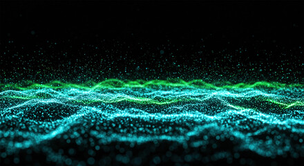 Background with glowing light blue and green lines, particles of data flowing in the air.