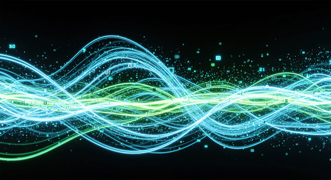Background with glowing light blue and green lines, particles of data flowing in the air.