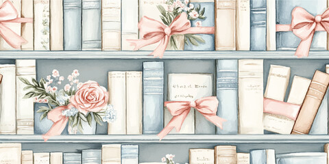 Wooden bookcase full of different books and watercolor bows flowers. Seamless vector pastel pattern. Education library and bookstore concept. Vector illustration © Eli Berr