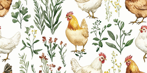 Seamless vector pattern with a hen, spring plants, herbs, Packaging, tablecloths, kitchen textiles, greeting cards, festive Easter designs © Eli Berr