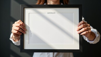 Naklejka premium person holding framed certificate with blank space, formal award recognition concept with soft lighting and shadows