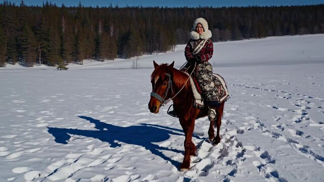 A person rides a horse across a snowy landscape, captured from a low-angle shot. The video conveys a sense of adventure and tranquility.