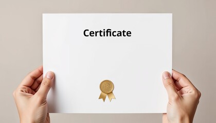 hands holding certificate with gold seal on beige background, formal recognition and academic achievement concept