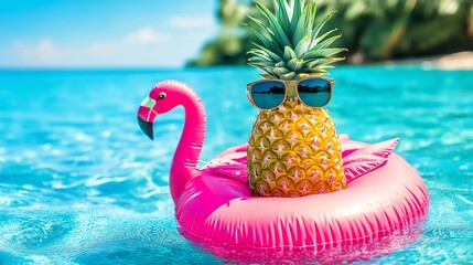 Pineapple on a flamingo float enjoys the sunny beach day in crystal clear waters