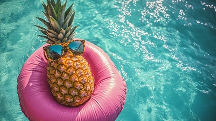 Pineapple wearing sunglasses floats on a pink inflatable ring in a clear blue swimming pool on a sunny day