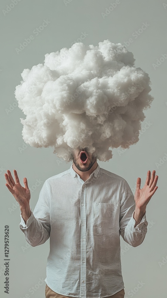 Aufkleber Office worker overwhelmed by too many thoughts experiencing a burnout with a metaphorical head explosion made of clouds, opening his mouth and raising his hands